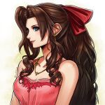  1girl aerith_gainsborough bangs bare_arms bow breasts brown_hair cleavage dress earrings final_fantasy final_fantasy_vii final_fantasy_vii_remake green_eyes hair_bow highres jewelry lipstick long_hair lukrevadraws makeup medium_breasts necklace official_alternate_costume parted_bangs pink_dress sidelocks sleeveless sleeveless_dress smile solo upper_body wavy_hair yellow_background 