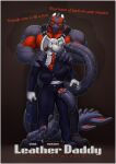  2016 anthro black_body black_suit blue_eyes bodily_fluids clothed clothing digital_media_(artwork) dragon duo elephant elephantid english_text genital_fluids grey_body hi_res longblueclaw male male/male mammal muscular muscular_male penis_tentacles precum proboscidean red_body simple_background standing tentacles text tusks 