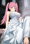  1girl alternate_costume bangs bare_arms bare_shoulders barefoot breasts bride dress entogman feet fire_emblem fire_emblem:_three_houses highres hilda_valentine_goneril indoors large_breasts long_hair shy sitting smile solo toes twintails wedding_dress 