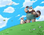  2022 anthro black_nose blush bonasiah clothing cloud detailed_background dot_eyes feral grey_body hi_res kemono kemonuo male mammal outside overalls overweight overweight_male procyonid raccoon rocco_(zoohomme) shirt topwear zoohomme 