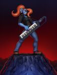  2016 blue_body blue_skin bottomwear breasts clothed clothing denim denim_clothing digital_media_(artwork) female full-length_portrait hair hi_res humanoid jeans longblueclaw outside pants playing_music portrait red_hair sharp_teeth simple_background smile solo standing teeth undertale_(series) undyne 