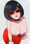  1girl absurdres areola_slip black_choker black_hair bracelet breasts choker cleavage curvy earrings english_commentary evie_(fortnite) fortnite glasses hand_on_own_thigh highres hoop_earrings jewelry large_breasts leaning_forward lipstick looking_at_viewer makeup nipple_tweak opaque_glasses pants pantylines postblue98 red-framed_eyewear red_lips red_pants short_hair solo sunglasses tank_top white_tank_top 