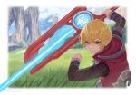  1boy artist_request blonde_hair blue_eyes field holding looking_at_viewer male_focus monado short_hair shulk_(xenoblade) sword vest weapon xenoblade_chronicles xenoblade_chronicles_(series) 