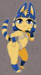  :&lt; animal_crossing ankha_(animal_crossing) anthro bandage black_eyelids blue_hair blush blush_lines bob_cut breasts digital_media_(artwork) domestic_cat felid feline felis female hair hand_on_cheek hand_on_hip hi_res mammal markings navel nintendo nyxondyx short_stack small_breasts solo striped_markings striped_tail stripes tail_markings thick_thighs uraeus video_games yellow_body 