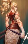  1girl absurdres back bandages blonde_hair cross highres holding holding_weapon joseph_virtuoso looking_to_the_side muscular muscular_female original ponytail scabbard scar scar_on_face sheath skirt solo sword tattoo toned weapon 