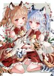  2girls animal_ears animal_hands bai_(granblue_fantasy) bangs bare_shoulders blonde_hair blush breasts cidala_(granblue_fantasy) detached_sleeves erune gloves granblue_fantasy highres huang_(granblue_fantasy) looking_at_viewer minausa multiple_girls open_mouth paw_gloves siblings sisters sitting smile tail tiger_ears tiger_girl tiger_paws tiger_tail twins twintails wariza 