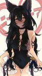  1girl absurdres animal_ears ass_visible_through_thighs backless_swimsuit bangs bare_shoulders black_hair black_swimsuit blush braid breasts casual_one-piece_swimsuit choker cleavage cleavage_cutout closed_mouth clothing_cutout collarbone covered_navel cowboy_shot erune granblue_fantasy groin highres large_breasts long_hair looking_at_viewer nier_(granblue_fantasy) nier_(lover_by_the_lily_lake)_(granblue_fantasy) one-piece_swimsuit red_eyes sekai_(sekaisan) sideboob solo swimsuit twin_braids water_drop 