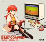  1girl absurdres bangs barceltime blush bright_pupils brown_eyes brown_legwear brown_skirt cable closed_mouth commentary controller eyebrows_visible_through_hair famicom_cartridge famicom_disk_system famicom_gamepad game_controller grey_background highres holding holding_controller holding_game_controller knees long_hair original red_hair shirt sitting skirt smile socks television twintails twitter_username white_pupils yellow_shirt 
