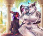  anthro big_breasts breasts clothed clothing dezsoaaa dragon elm_(glue) equid equine female fur furred_dragon group hi_res holding_breast male mammal nipples translucent translucent_clothing trio 