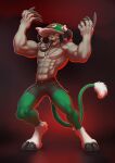  2017 bottomwear claws clothed clothing digital_media_(artwork) doom_(series) full-length_portrait fur green_body green_fur grey_body hi_res hooves humanoid id_software long_claws long_tongue longblueclaw male muscular muscular_humanoid muscular_male open_mouth portrait pose red_eyes shorts simple_background solo teeth tongue tongue_out topless video_games 