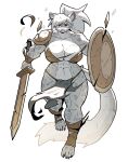  2022 4_toes abs absurd_res anthro big_breasts bottomwear breasts ceehaz clothing damaged_clothing feet felid female fur hi_res holding_object holding_sword holding_weapon loincloth mammal melee_weapon muscular muscular_anthro muscular_female pantherine rikki_landon shield simple_background snow_leopard solo spots spotted_body spotted_fur sword toes torn_clothing weapon white_background 