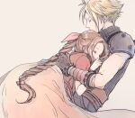  1boy 1girl aerith_gainsborough ancotsubu arm_around_back armor bangs belt blonde_hair blue_pants blue_shirt bracelet braid braided_ponytail brown_hair closed_eyes cloud_strife couple cuddling dress earrings final_fantasy final_fantasy_vii final_fantasy_vii_remake gloves hair_ribbon hand_on_another&#039;s_chest highres jacket jewelry long_dress multiple_belts pants parted_bangs pink_dress red_jacket ribbon shirt shoulder_armor single_earring sleeveless sleeveless_turtleneck spiked_hair turtleneck upper_body 