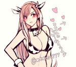 1girl animal_ears animal_print bangs bare_shoulders bell bikini blush breasts brown_hair cleavage closed_mouth cow_ears cow_girl cow_horns cow_print cowbell earrings final_fantasy final_fantasy_vii final_fantasy_vii_remake heart horns jewelry large_breasts long_hair midriff minato_(ct_777) neck_bell red_eyes solo swimsuit tifa_lockhart translated twitter_username 