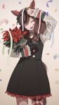  1girl ^_^ animal_ears arm_up bangs black_dress blurry blurry_background bouquet bow bowtie brown_hair closed_eyes confetti cowboy_shot dress ear_covers highres holding holding_bouquet horse_ears horse_girl horse_tail long_sleeves looking_at_viewer multicolored_hair nice_nature_(umamusume) nsb36046_(na) open_mouth shading_eyes smile solo streaked_hair streamers striped striped_bow striped_bowtie tail twintails umamusume 