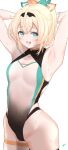  1girl arms_behind_head blonde_hair blue_eyes breasts c@rbon cleavage_cutout clothing_cutout commentary_request cowboy_shot gradient_swimsuit hair_ribbon highres hololive kazama_iroha looking_at_viewer ponytail ribbon simple_background small_breasts smile solo standing virtual_youtuber white_background 