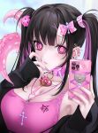  1girl bangs black_hair blush breasts cleavage collar ear_piercing hair_ornament hairclip highres jewelry looking_at_viewer necklace ompf original piercing pink_eyes pink_hair pink_nails sleeves_past_wrists small_breasts solo spiked_collar spikes tentacles twintails 