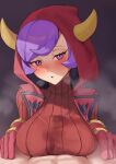  1girl amog blush breasts courtney_(pokemon) cum cum_in_clothes cum_through_clothes dress fake_horns gloves hood hooded_jacket horned_headwear horned_hood horns jacket large_breasts looking_at_viewer open_mouth paizuri paizuri_under_clothes pokemon pokemon_(game) pokemon_oras pov pov_crotch purple_eyes purple_hair red_gloves red_hood red_jacket red_sweater ribbed_sweater sweater sweater_dress team_magma team_magma_uniform upper_body 