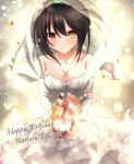  1girl black_hair bouquet breasts bridal_veil bride character_name cleavage clock_eyes closed_mouth commentary_request date_a_live diadem dress earrings elbow_gloves english_text gloves happy_birthday heterochromia highres holding holding_bouquet jewelry large_breasts looking_at_viewer necklace red_eyes smile solo symbol-shaped_pupils tokisaki_kurumi usuba-kagerou veil wedding_dress white_dress white_gloves yellow_eyes 