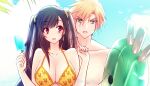  1boy 1girl beach bikini bird black_hair blonde_hair blue_eyes blush breasts cleavage cloud cloud_strife cloudy_sky couple earrings final_fantasy final_fantasy_vii final_fantasy_vii_remake food holding inflatable_toy jewelry large_breasts long_hair minato_(ct_777) open_mouth palm_leaf popsicle red_eyes sabotender sky spiked_hair swimsuit tifa_lockhart topless_male twintails twitter_username yellow_bikini 