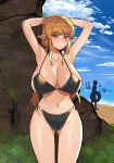  1girl 6no1 armpits arms_up beach bikini blonde_hair blue_eyes blush breasts elf highres large_breasts looking_at_viewer low_twintails navel original pointy_ears side-tie_bikini swimsuit twintails 