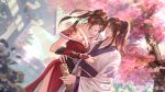  1boy 1girl bare_shoulders brown_hair building chen_pu chi_lian_(qin_shi_ming_yue) dress eyeshadow face-to-face fingering_gesture hair_ornament hand_on_hip highres light_rays long_hair makeup qin_shi_ming_yue red_dress sash sky smile third-party_source tree upper_body 