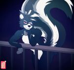  anthro black_and_white_fur black_body black_fur blue_background facial_tuft fangs featureless_crotch fence fluffy fluffy_tail fur hair hi_res jooper kaden_(luniethewolf66) looking_at_viewer male mammal mephitid nude pupils red_pupils simple_background skunk smile solo stripes white_stripes 