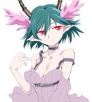  1girl antlers blue_hair breasts c_(control) choker cleavage collarbone dress funnyari head_wings horns pointy_ears q_(control) red_eyes short_hair simple_background solo strap_slip white_background 