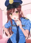  1girl :o absurdres blue_shirt hand_on_hip hands_on_own_chin hat highres idolmaster idolmaster_shiny_colors indoors looking_at_viewer loose_necktie monochrome_background necktie osaki_amana police police_hat police_uniform policewoman red_hair shic0i shirt solo uniform yellow_eyes 