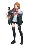  1girl absurdres ahoge black_camisole boots camisole cellphone coat fur-trimmed_jacket fur_trim green_coat green_jacket highres jacket looking_at_viewer orange_hair persona persona_5 phone purple_eyes sakura_futaba shorts smartphone solo thighhighs 