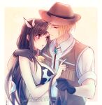  1boy 1girl animal_ears animal_print bell bikini black_hair blonde_hair blush breasts brown_hair brown_vest cloud_strife couple cow_ears cow_girl cow_horns cow_print cowbell cowboy_hat final_fantasy final_fantasy_vii final_fantasy_vii_remake gloves hat holding holding_whip horns hug large_breasts long_hair minato_(ct_777) neck_bell red_eyes shirt swimsuit tifa_lockhart twitter_username vest 