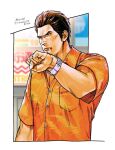  1boy alternate_costume blood blood_on_face breast_pocket city cityscape convenience_store floral_print kiryuu_kazuma male_focus manly official_alternate_costume okinawa orange_shirt otamot outside_border pharmacy pocket restaurant rubbing ryuu_ga_gotoku ryuu_ga_gotoku_3 serious shirt shop thick_eyebrows upper_body watch white_background wristwatch 