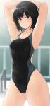  1girl amagami armpits arms_behind_head arms_up bangs black_eyes black_hair black_swimsuit blue_swimsuit blurry blurry_background breasts closed_mouth commentary competition_swimsuit cowboy_shot expressionless hair_between_eyes hair_strand highleg highleg_swimsuit highres light_blush looking_at_viewer medium_breasts nanasaki_ai one-piece_swimsuit railing short_hair solo standing stretch swimsuit two-tone_swimsuit yoo_tenchi 