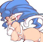  2018 animal_humanoid areola blue_hair breasts butt capcom clothed clothing darkstalkers felicia_(darkstalkers) felid felid_humanoid feline feline_humanoid female fur green_eyes hair humanoid light_body light_skin long_hair mammal mammal_humanoid nipples noise_(artist) open_mouth open_smile simple_background smile solo topless video_games white_background white_body white_fur 