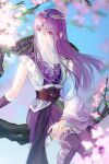  1girl absurdres blue_sky blurry blurry_background cherry_blossoms flower highres leaf long_hair looking_to_the_side open_mouth purple_hair qin_shi_ming_yue shao_siming_(qin_shi_ming_yue) sitting sky smile solo sparkle teeth thighhighs upper_body veil yu_yao 