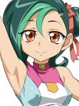  1girl armpits blush breasts brown_eyes closed_mouth covered_nipples funnyari green_hair hair_bun hair_ribbon looking_at_viewer mizuki_kotori_(yu-gi-oh!) multicolored_hair ribbon short_hair simple_background single_hair_bun small_breasts smile solo two-tone_hair white_background yu-gi-oh! yu-gi-oh!_zexal 