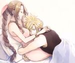  1boy 1girl aerith_gainsborough ancotsubu arms_around_neck arms_around_waist asymmetrical_hair bandaged_arm bandages bangs blonde_hair blue_shirt bracelet braid braided_ponytail breasts brown_hair closed_eyes cloud_strife couple cuddling dress final_fantasy final_fantasy_vii final_fantasy_vii_remake fingernails hair_between_eyes hair_ribbon highres jewelry long_dress medium_breasts parted_bangs pillow pink_dress ribbon shirt sidelocks sleeveless sleeveless_turtleneck spiked_hair turtleneck under_covers upper_body wavy_hair white_background 