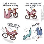  1:1 ambiguous_gender bicycle bicycle_helmet blue_body blue_fox_(foxes_in_love) blue_fur blue_tail canid canine comic dialogue duo english_text exclamation_point feral fox foxes_in_love fur green_body green_fox_(foxes_in_love) green_fur green_tail hi_res male_(lore) mammal onomatopoeia shadow simple_background sound_effects text url 