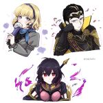  1boy 2girls alternate_costume bangs black_hair blonde_hair constance_von_nuvelle earrings fafnir_(fire_emblem) fire_emblem fire_emblem:_three_houses fire_emblem_heroes garreg_mach_monastery_uniform hairband hand_fan highres holding holding_fan jewelry medium_hair misato_hao morgan_(fire_emblem) morgan_(fire_emblem)_(female) multicolored_hair multiple_girls purple_eyes purple_hair red_eyes two-tone_hair upper_body 