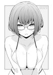  1girl bikini blush breasts collarbone commentary_request dated glasses grey_background greyscale highres kichihachi large_breasts looking_at_viewer mole mole_on_breast monochrome navel original parted_lips short_hair solo sweatdrop swimsuit twitter_username two-tone_background white_background 