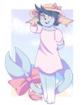  3_toes anthro beach black_nose blue_body blue_hair blue_skin bow_ribbon clothed clothing cloud dress eeveelution feet female fin hair hand_behind_back hand_on_hat hat headgear headwear hi_res looking_at_viewer nintendo open_mouth pok&eacute;mon pok&eacute;mon_(species) ribbons ruka_vaporeon sea seaside simple_background solo teeth toes tongue unknown_artist vaporeon video_games water yellow_eyes 