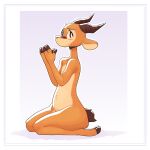  2022 2_horns absurd_res ambiguous_gender antelope anthro belly_tuft biped blush border bovid brown_body brown_fur chico_(fuel) countershade_fur countershade_torso countershading facial_markings fuel_(artist) fur gradient_background head_markings head_tuft hi_res horn kneeling looking_at_viewer male_(lore) mammal markings nude purple_background purple_border simple_background smile solo tan_body tan_countershading tan_fur tuft 