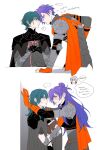  ... 2boys 2girls ? arm_guards armor arval_(fire_emblem) blue_hair blush book byleth_(fire_emblem) byleth_(fire_emblem)_(female) byleth_(fire_emblem)_(male) capelet crossed_legs dual_persona english_text expressionless eye_contact fire_emblem fire_emblem:_three_houses fire_emblem_warriors:_three_hopes glaring hair_bun hair_over_one_eye highres holding holding_book kabedon leaning_forward long_hair looking_at_another multiple_boys multiple_girls oratoza serious shez_(fire_emblem) shez_(fire_emblem)_(female) shez_(fire_emblem)_(male) short_hair sitting speech_bubble spoken_ellipsis spoken_question_mark sweatdrop 