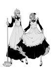  1boy 1girl absurdres aerith_gainsborough apron bangs bow braid braided_ponytail breasts closed_eyes cloud_strife crossdressing dress final_fantasy final_fantasy_vii final_fantasy_vii_remake frilled_apron frills full_body greyscale hair_bow hair_ribbon high_heels highres holding holding_mop long_dress long_sleeves maid maid_apron medium_breasts monochrome mop neck_ribbon oimo_(oimkimn) open_mouth parted_bangs ribbon spiked_hair standing twin_braids white_background 