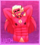  anthro bow_tie condom demon eyebrow_piercing facial_piercing gatekeeper helluva_boss hi_res imp jesse_the_bouncer luxoh male male/male piercing pinup pose sexual_barrier_device solo 
