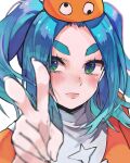  1girl blue_hair blurry blush closed_mouth collar depth_of_field dress googly_eyes green_eyes hand_up hat highres monogatari_(series) nanami_(u_nanamiii) ononoki_yotsugi orange_dress solo thick_eyebrows thick_lips twintails v white_background white_collar 