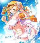  1girl bikini blonde_hair blue_sky chauke cloud day drill_hair long_hair mahou_shoujo_madoka_magica navel outdoors partially_submerged sky smile solo standing swimsuit tomoe_mami twin_drills visor_cap wading water_gun white_bikini yellow_eyes 