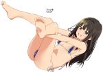  1girl aqua_eyes ass baba_arumi barefoot bikini black_hair blue_bikini breasts grin idolmaster idolmaster_cinderella_girls long_hair micro_bikini shibuya_rin simple_background smile solo swimsuit white_background 