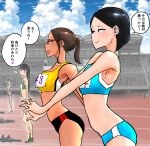  4girls absurdres bangs brown_hair buruma cloud day glasses highres midriff multiple_girls navel open_mouth original outdoors pandakorya ponytail short_hair sports_bikini stadium sweat tan track_and_field track_uniform translation_request 