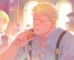  2boys bara blonde_hair closed_mouth eating fire_emblem fire_emblem:_three_houses food food_on_face holding holding_food ignatz_victor looking_at_another male_focus multiple_boys raphael_kirsten shirt short_hair suspenders upper_body white_shirt zoo_(oukakumaku) 