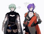  2girls alternate_hairstyle bangs black_coat black_shorts breasts bustier byleth_(fire_emblem) byleth_(fire_emblem)_(female) coat fire_emblem fire_emblem:_three_houses fire_emblem_warriors:_three_hopes green_hair hair_between_eyes hair_ornament highres large_breasts looking_at_viewer medium_hair multiple_girls navel open_mouth oratoza pantyhose purple_eyes purple_hair scar shez_(fire_emblem) shez_(fire_emblem)_(female) short_hair shorts simple_background 